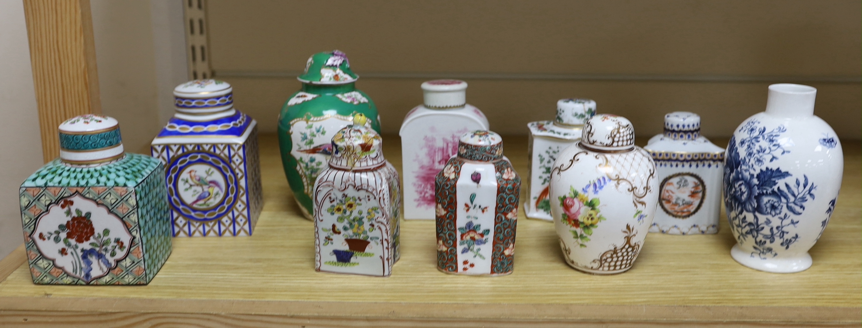 A collection of Paris porcelain tea canisters, imitating Sevres, Chinese export etc. tallest jar and cover 15cm high